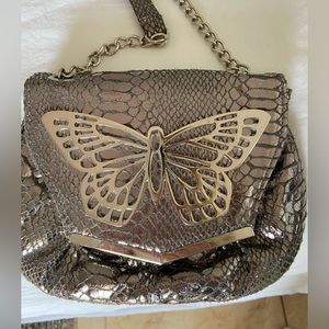 Crossbody -  Silver vegan  leather bag with metal butterfly - wear with anything